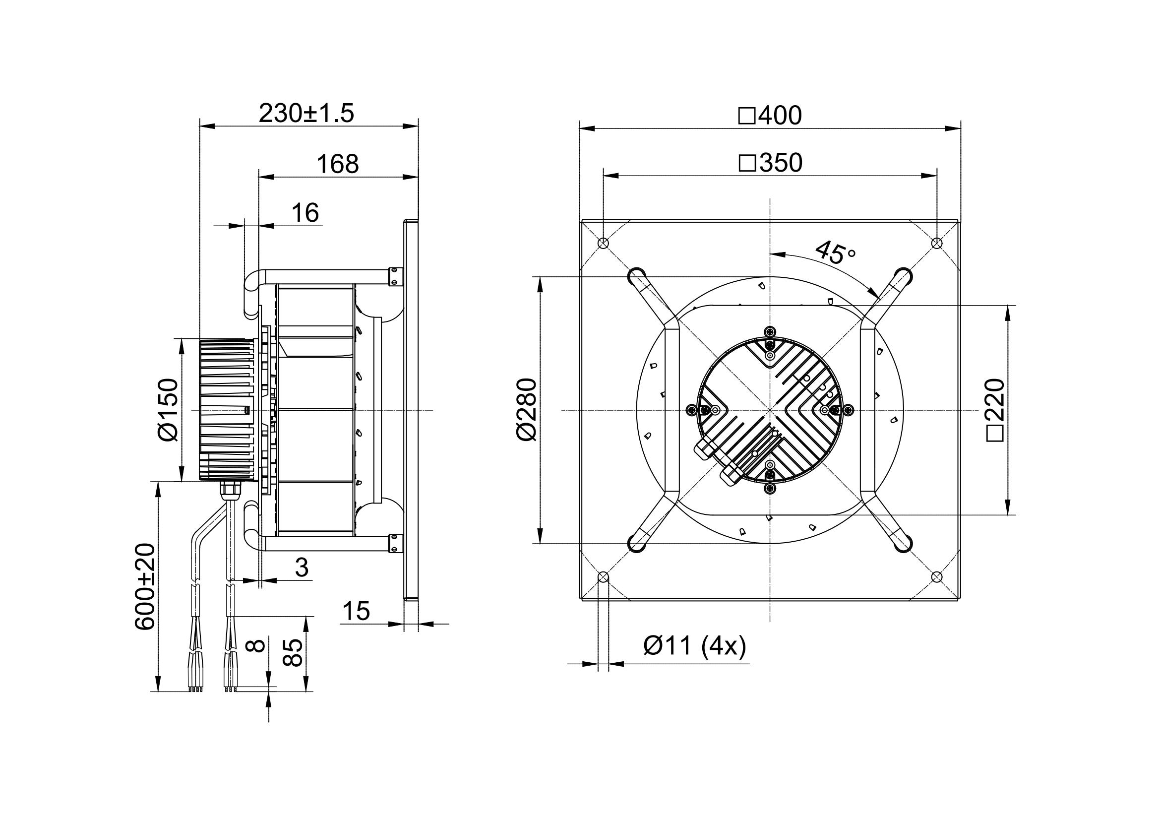 280 mm rückwärts gerichteter Radialventilator