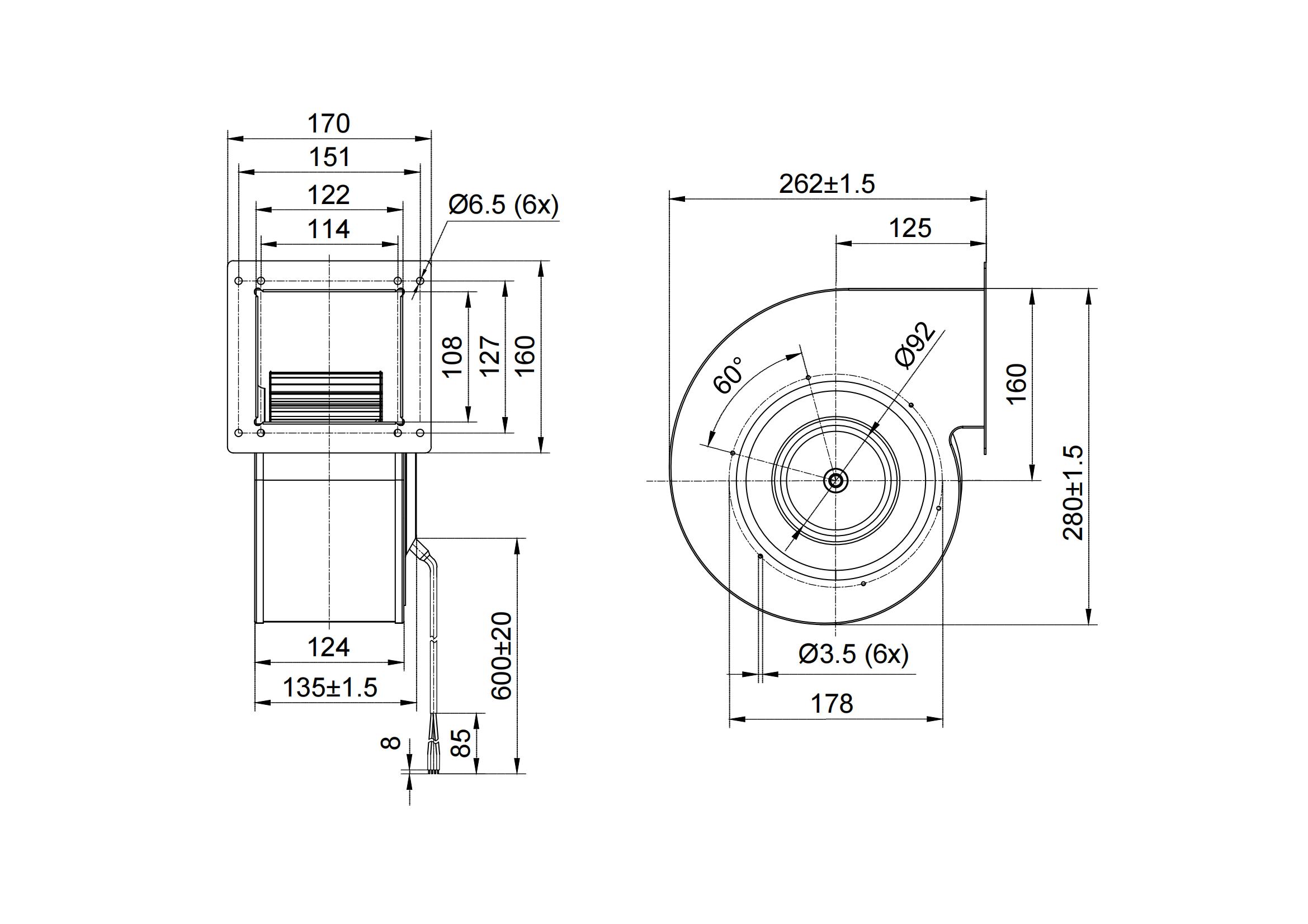 180-mm-Radialventilatoren mit Einzeleinlass und Spiralgehäuse