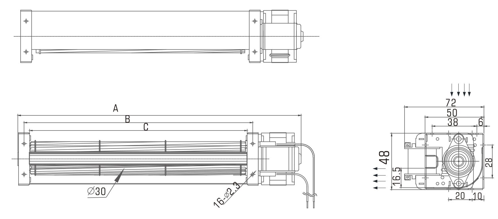 30-mm-Wechselstrom-Querstrom-Lüfterzeichnung
