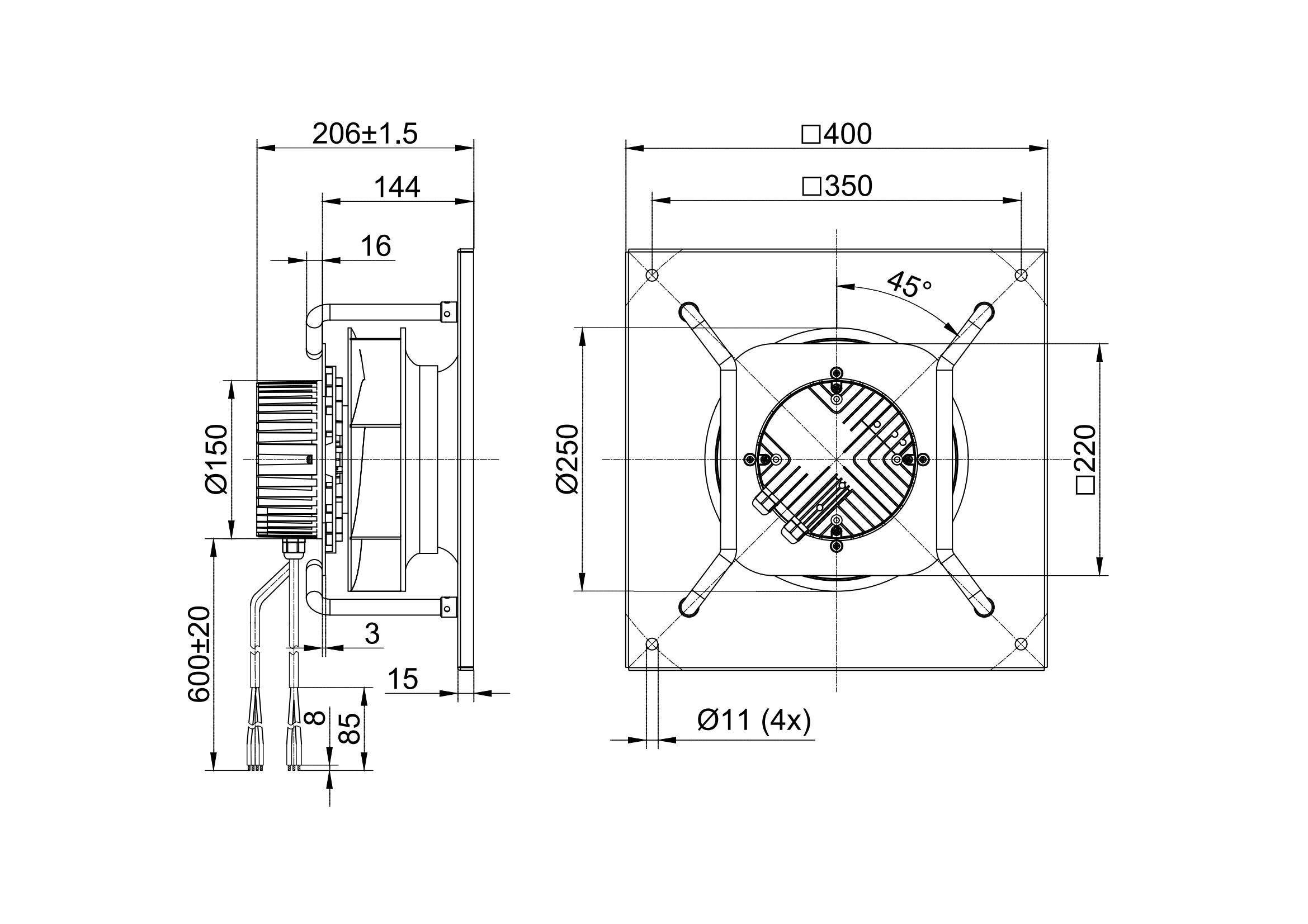 250-mm-Radialventilator mit Rückwärtsgang und Halterung