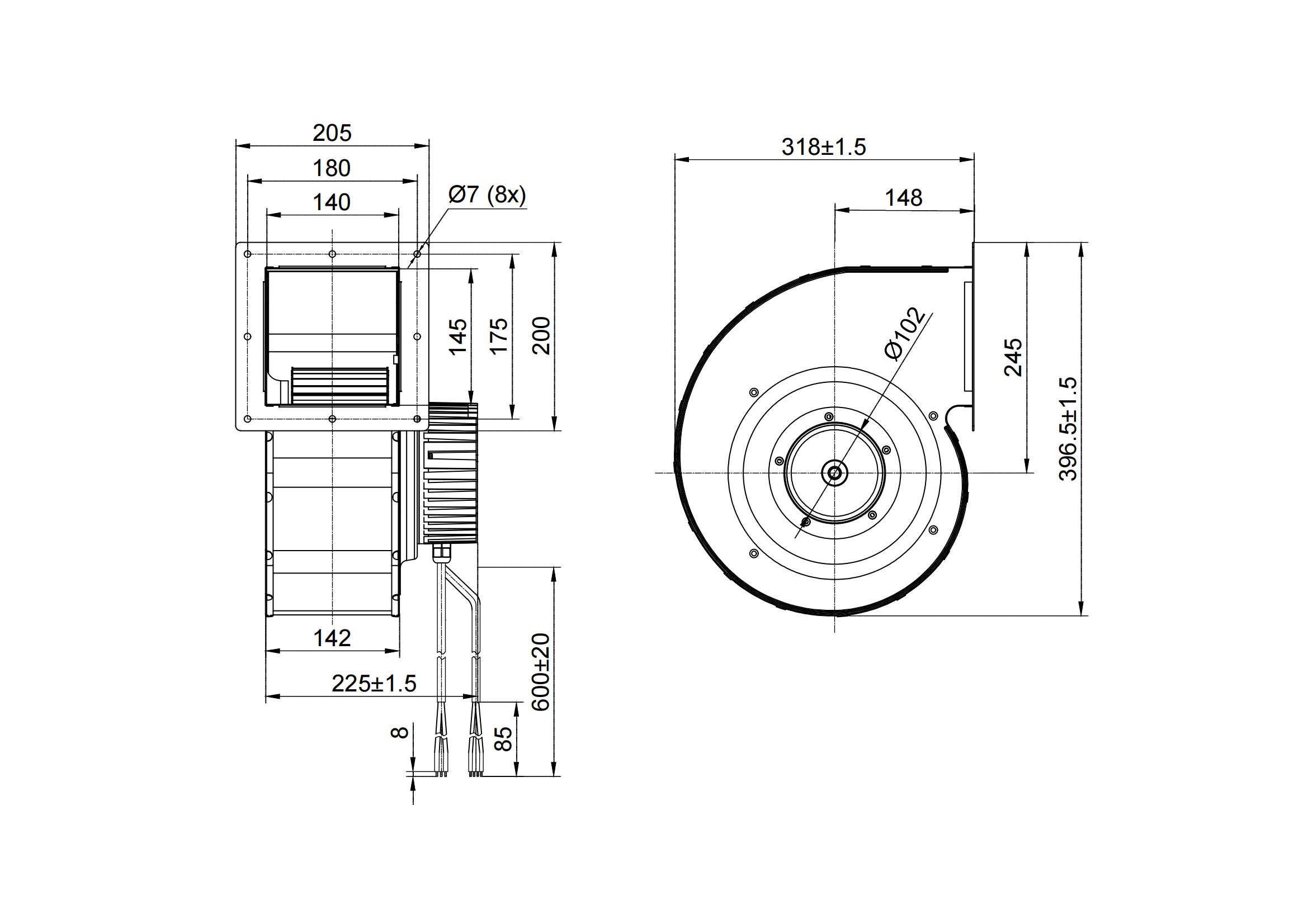 200-mm-EC-Radialventilatoren mit Einzeleinlass und Spiralgehäuse